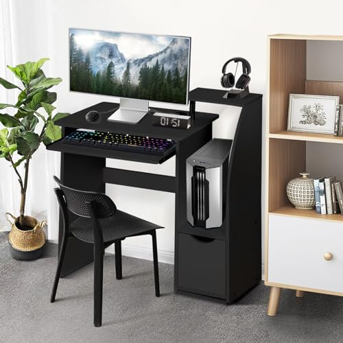 Trintion Black Computer Desk, Study Writing Small Desks with Drawer Sliding Storage Shelf Keyboard Tray, Gaming Desks for Home Bedroom Office Table Workstations, 100x85x40cm