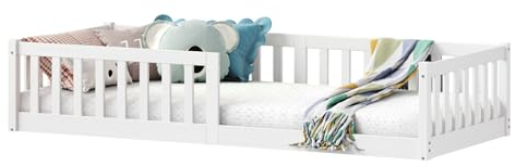 IDIMEX Bodenbett Gustavo mit Rausfallschutz Kiefer Massiv - weiß 90 x 200 cm Bodenbett mit Rausfallschutz Montessori-Kinderbett