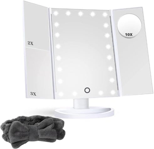 EMINENZA Espejo Maquillaje con Luz Tocador Plegable con Accesorio Espejo de Aumento con Luz LED Espejos con Luz para Maquillaje Incluye Diadema Rutina Facial y Cuidado Diario