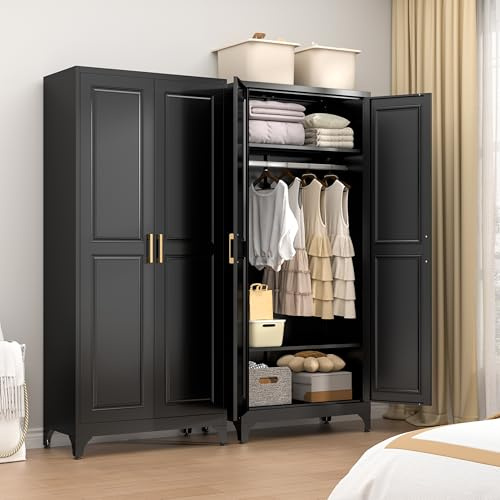 TIMELESS PIECES 71 Black Metal Armoire Wardrobe Closet with Panel Doors