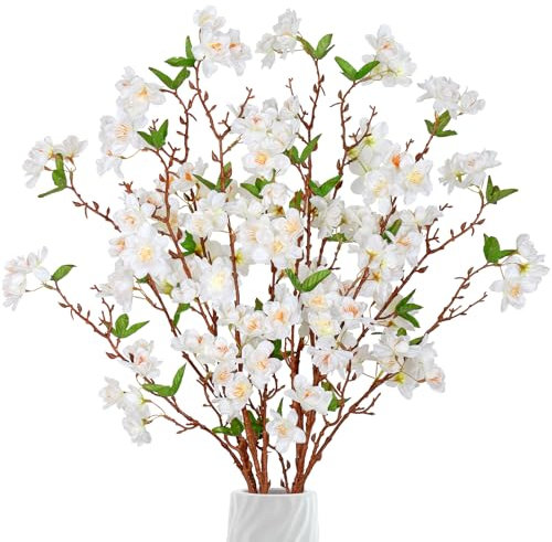 MEIVINES Artificial Cherry Blossom Branches 4PCS White Faux Silk Cherry Flowers Tree Stems Tall Artificial Flowers 92cm Long Stem Artificial Flowers for Tall Vases, Office, Party, Table, Home Decor