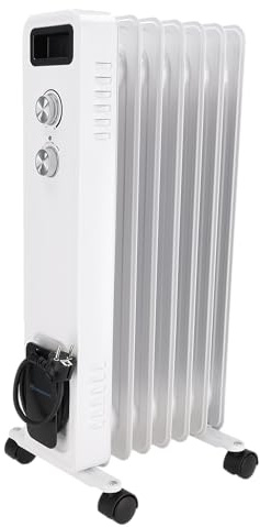 DEDRA DESCON DA-J1501 Radiateur à huile 1500 W, 7 nervures, contrôle de la température, thermostat, trois niveaux de chauffage, roulettes de transport, compartiment de rangement pour câbles