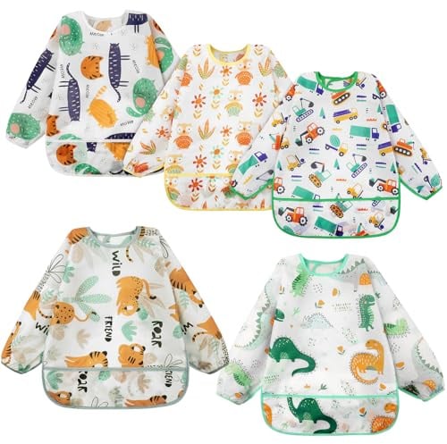 Vicloon Lätzchen Baby mit Ärmel, 5 Pack, Abwaschbar Ärmellätzchen Ganzkörper Lätzchen Baby, Unisex Lätzchen Set für Essen Kunst Handwerk Malerei Bemalen Spielen für 6-24 Monaten
