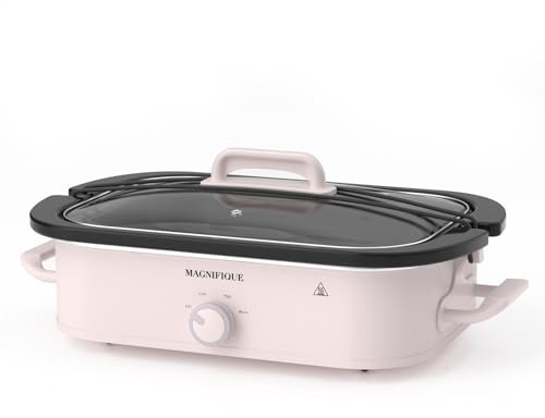 MAGNIFIQUE 4 Quart Slow Cooker with Ceramic Nonstick Baking Dish, Adjustable Temperature, Oven Safe for Lasagna & Roasts, Dishwasher Safe Stoneware & Tempered Glass Lid, Compact Crock Pot, Pink