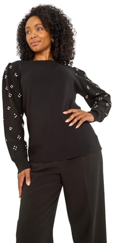 Roman Petite Faux Pearl Contrast Cable Knit Jumper for Women UK - Ladies Everyday Autumn Winter Round Neckline Comfy Soft Evening Vacation Work Party Night Out - Petite Black - Size 12