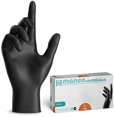 maneo 200 guanti monouso neri taglia L, guanti in nitrile senza polvere e senza lattice, articoli in gomma monouso resistenti per pulizia, cucina e uso domestico