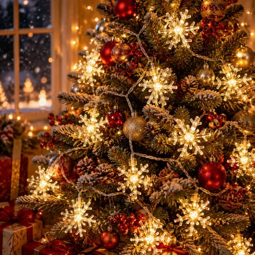 Fulighture Lichterkette Batterie, 5M 40er Schnee lichterkette Innen 2 Modi | 2700K Warmweiß Lichterkette Kugeln, IP65 Wasserdicht, LED Lichterkette für Party , Camping, Garten, Balkon Deko