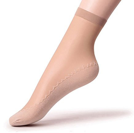 Ueither Lot de 12 paires de chaussettes basses en soie avec dessous antidérapant en coton et renfort aux orteils - 12 Paires Beige