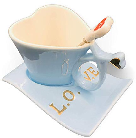 UUOUU Ceramic Coffee Mug Heart-Shaped Cups Blue Creative Milk Mug with Spoon Valentine's Day Gift Cup Sets for Lovers