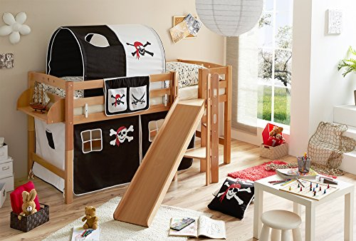 Hochbett mit Rutsche Podestbett Tino Buche massiv Natur teilbar, Vorhangstoff:Pirat Schwarz Weiss