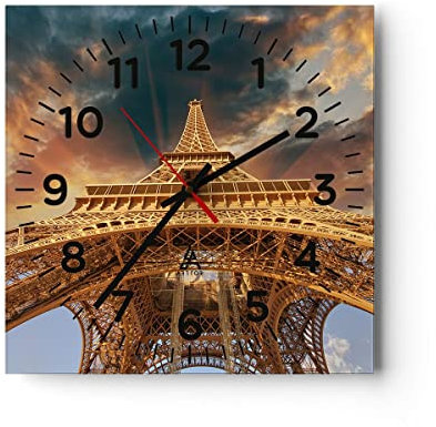 Modern Wanduhr Eiffle Architektur Paris 40x40cm Quadrat Groß Wand Uhr Glas Analog Zimmeruhren Küche Büro Wohnzimmer Glasuhr Wall Clock Dekoration Design Wanddekoration Küchenuhr C4AC40x40-2437