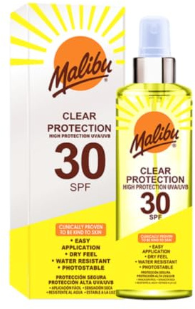 Malibu Sun SPF 30 Clear Spray Sunscreen, High Protection, Dry Feel, Water Resistant, 250ml