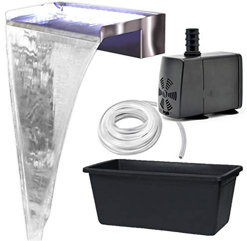 Köhko Wasserfall-Set Akaka (Länge 45 cm) aus Edelstahl matt 24303 - Komplett-Set inkl. Pumpe und Becken (65 Liter) Einbauhöhe bis ca. 50 cm Auqafall