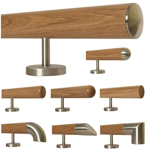 TIBU Eiche Holz Handlauf Geländer 0,3m - 6m, Länge 380 cm, Ende leicht gewölbte Edelstahlkappe und 5 gerade Halter