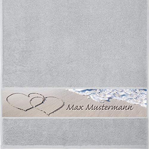 Manutextur Handtuch Mit Namen - Personalisiert - Motiv Liebe - Strand - Viele Farben - Dusch-Handtuch - Hellgrau - Größe 50x100 cm - Persönliches Geschenk Mit Wunsch-Motiv und Wunsch-Name