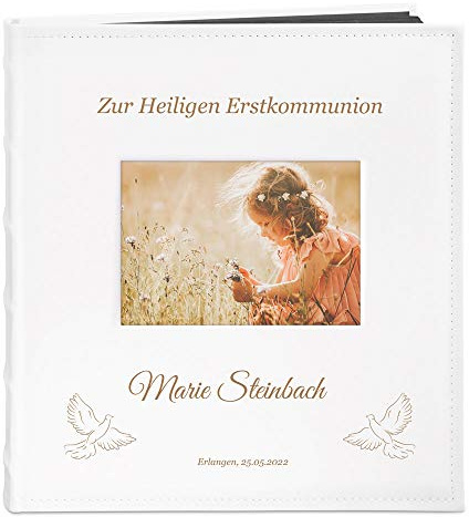 Maverton Fotoalbum zum Selbstgestalten mit Gravur, für 240 Fotos 10x15 | Schwarze Seiten, Größe 33x30cm, Weiß, personalisierte Geschenke für Kinder zur Taufe Kommunion, Geburtstagsgeschenk