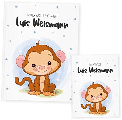 U Heft und Impfpass Hülle Set Babytiere (Uheft Set personalisiert, Affe Blau)