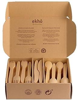 ekhõ The Wood Way! – Juego Cubiertos Desechables Biodegradables (120 Tenedores + 120 Cucharas + 60 Cuchillos)