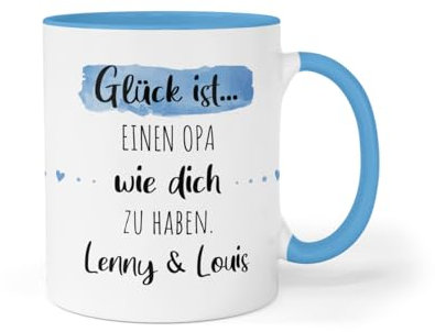 Personalisierte Kaffee-Tasse (Glück ist...) mit eigenen Wunschname. Für die Beste Freundin, Opa, Oma, Mama, Papa. Schönes Geschenk oder kleine Aufmerksamkeit | Muttertag (Bester Opa #2, Blau/Blau)