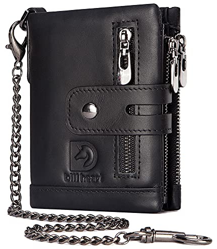 Mens Wallet with Chain Genuine Leather Purse RFID Blocking Bifold Double Zipper Coin Pocket with Anti-Theft Chain