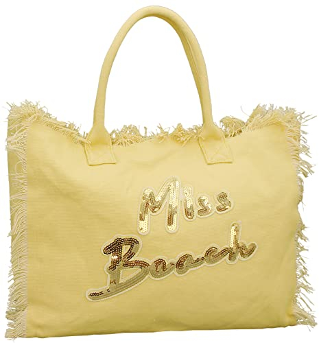 Miss Beach - Große XXL Badetasche mit Reißverschluss - Strandtasche - Picknick-Tasche aus Canvas (Gelb)