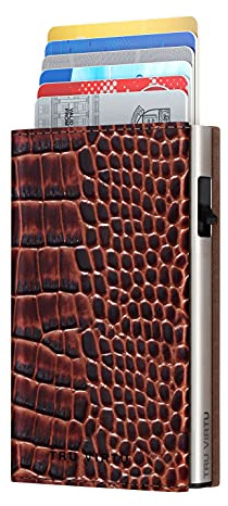 Tru Virtu® Karten-Portemonnaie Click & Slide I Kreditkartenetui I Kartenetui-RFID-NFC-Schutz I Geldbörse aus echtem italienischen Leder I Geldbeutel I Slim Wallet (Sleek Croco Brown/Silver)