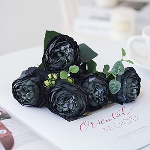 LIJUCAI Künstliche Blumen Rote Seide Pfingstrose Rosen Vasen für Wohnkultur Brautstrauß Hochzeit Zubehör Handwerk DIY Geschenke Rosa Gefälschte Pflanzen,Schwarz