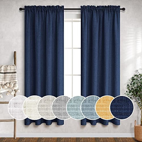 Navy Blue Curtains 63 Inch Length for Nursery Room Pair Set Rod Pocket Window Panels Semi Privacy Sheer Linen Textured Light Airy Soft Navy Curtains for Boys Bedroom Gaming Game Room Decor Indigo Blue