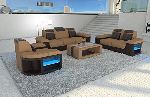 Couch Bellagio Couchgarnitur 3-2-1 Stoffsofa mit Sessel - mit LED Beleuchtung, verstellbare Kopfstützen/Mikrofaser (Cappuccino-Braun C102)
