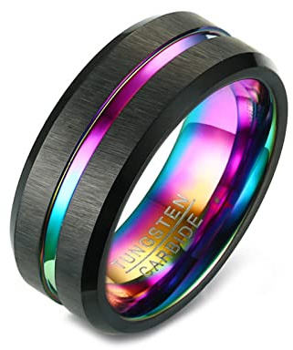 KnSam Hochzeitsring 8MM, Wolfram Ringe Pärchen Rille für Männer, Silber/Schwarz/Gold/Blau