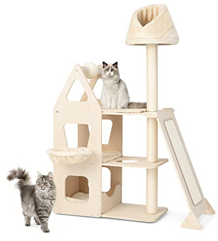 COSTWAY Kratzbaum Holz, 155cm Katzenbaum Groß, Katzenkratzbaum mit drehbarem Kratzball, Sisalpfosten, Rampe & Korb, Aktivitätsbaum Katzenmöbel, Katzen Spielhaus, Kletterbaum Beige