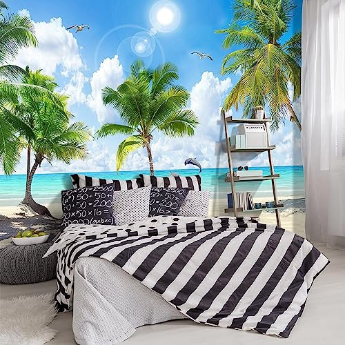 YIHWM -Tropical Beach Palm Trees Leaf Living Room Fabric Wallpaper Ocean Dolphin Plant Bathroom Bedroom Large Wall Mural- 137x96（ not Peel and Stick）