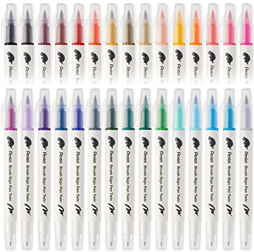 Pentel SESW30C Brush Sign Pen Twin Fibre Tip Pen - Double Ended - Tinte auf Wasserbasis - 30 Stück Stifte - Sortiment Set