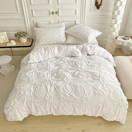 Freyamy Bettwäsche 220x240cm 3teilig Weiß Pintuck Plisseefalten Mädchen Bettwäsche Pinch Pleat Luxus Bettwaren-Sets 100% Microfaser Weiche Bettbezug mit Reißverschluss und 2 Kissenbezug 80x80cm