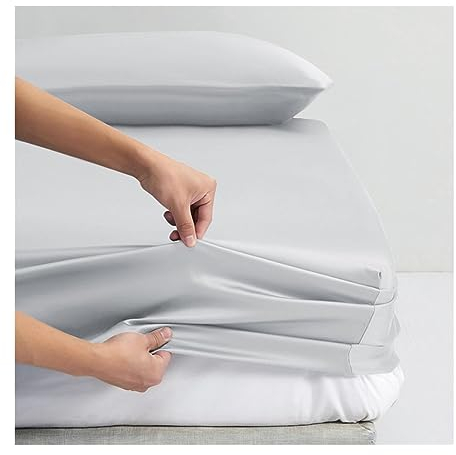 Spannbettlaken 150x200cm 180x200cm Extra weiches Spannbettlaken Silk Touch 500TC 100% Tencel Lyocell Bettlaken Atmungsaktiv Bis 30cm Höhe (Color : Silver, Size : 180x200+30cm)
