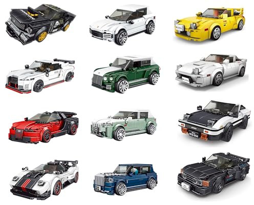 12 Set Technik Autos für 2024, Klemmbausteine Autos Modell mit Vitrine, Klemmbausteine Autos