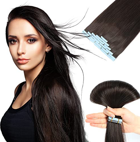 Tape Extensions Echthaar, Unsichtbare Tape-in Extensions Echthaar, 100% Remy Echthaar, Seidig & Volle Spitzen, Tiefbraun #2, 20 Stück, 50g, 55cm, Wiederverwendbar, Haarverlängerung