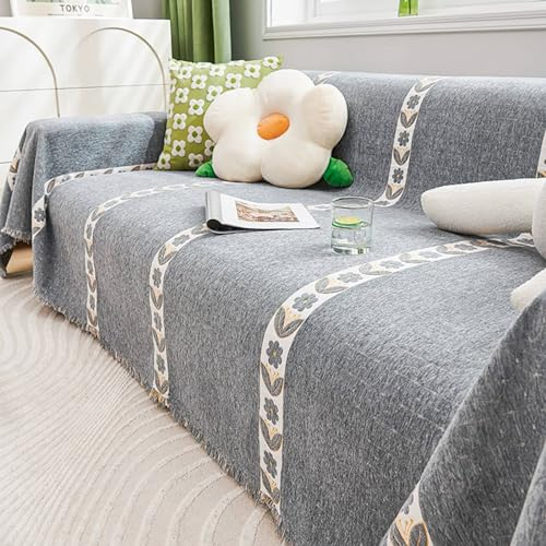 Gualiy Bezug Sofa 180x300cm, Blatt Blumen Muster mit Streifen und Fransen Sofabezug 3 Sitzer Couch Überzug Kratzfest Grau Sofabezug für Wohnlandschaft