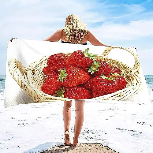 3D Druck Strandtuch Badetuch Mikrofaser Strandtuch Drucken Duschtuch Frucht Rote Erdbeere Strandlaken Badelaken Weich Stranddecke Ultraleicht Handtuch Saugfähig Schnelltrocknend 90 X 180 cm