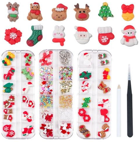 Weihnachten Nagel Charms, 3 Boxen schneeflocken Weihnachtsbaum Weihnachtsmann Socken Elch Nagel Edelsteine, Schleife Herz Nail Stresssteine für DIY Maniküre Nagelkunst Salon Dekoration