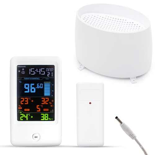 FISHTEC - Stazione Meteo Intelligente - Sensore Esterno - Stazione Display LCD Regolabile - Pluviometro da Posare - Visualizza data, ora, temperatura, umidità, prevede tempo - Indicatore Indicazione
