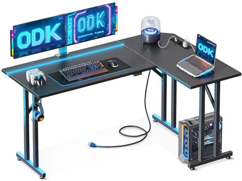ODK Gaming Tisch, Gaming Schreibtisch L Form mit Led & Steckdose, Computertisch PC Tisch mit Kopfhörerhaken, Eckschreibtisch für Home Office Carbon Fiber Schwarz 130×90 cm