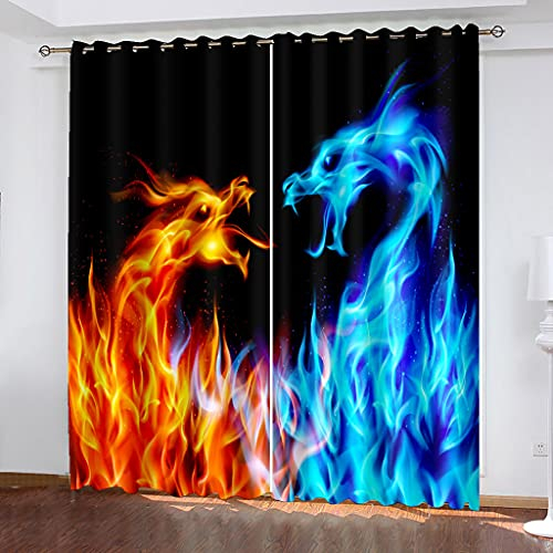 Vorhänge Blickdicht Schlafzimmer Wohnzimmer - 2Er Set Modern Vorhang Mit Ösen 200X164Cm (Bxh) 3D Blau-Roter Flammendrache Muster Druck Verdunkelungs Gardinen Kinderzimmer Schallschutz Thermovorhang