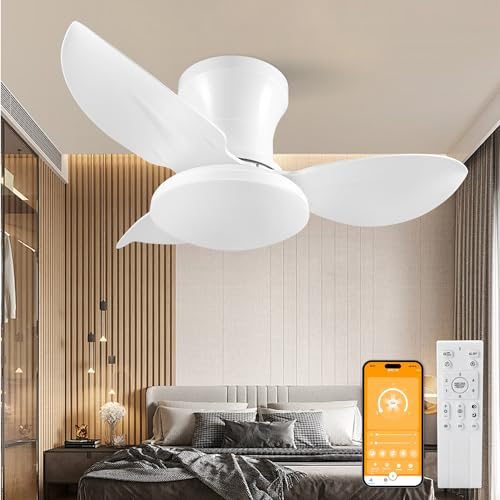 Ventilatore da Soffitto 60W, Ventilatore da Soffitto con Lampada e Telecomando 6 Velocità DC Reversibile, Lampada da Soffitto Silenziosa con Ventilatore, LED Fan Plafoniera con Luce, Timer 65CM Bianco