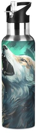 Niigeu Animal Loup Hurlant Artistique Bouteille d'eau Isotherme avec Paille en Acier Inoxydable Gourde, Sans BPA Gourdes Eau pour Enfant Sport Randonnée École Bureau (600ml/1L)
