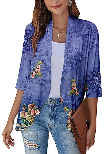 SCBFDI Giacca Donna, Cardigan Kimono da Donna Cardigan Floreale Con Maniche a 3/4 Spolverino Aperto Sul Avanti Volant Drappeggiato Elegante Coprispalle Estivo, Cardigan Verde Donna