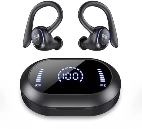 Sports Wireless Headphones Bluetooth 5.3 Earbuds LED Power Display Charging Case Stereo Headset with Earhook Over-Ear Earphones with HD Mic for Games Esports Running Workout