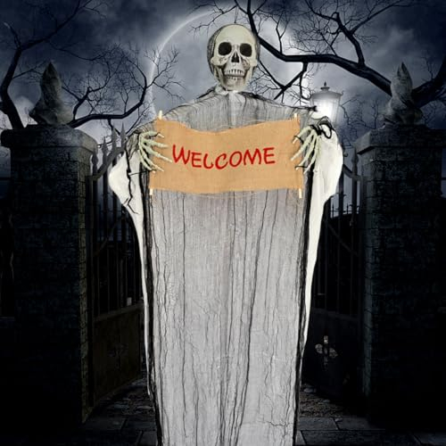 VOPIWOZ 150cm Aufhängbar Halloween Skelett Deko Mit dem Welcome in der Hand Spooky Scary Skeletons Geeignet für Halloween Deko Outdoor Easy to Create a Scary Atmosphere