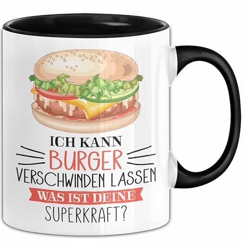 Burger-Liebhaber Tasse Geschenk Ich Kann Cheeseburger Verschwinden Lassen Was Ist Deine Superkraft (Schwarz)