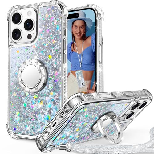 Unlicaku for iPhone 16 Pro Case, with Ring Women Girls Bling Holographic Sparkle Glitter Cute Cover, Diamond Ring Protective Phone Case for iPhone 16 Pro, Clear Silver